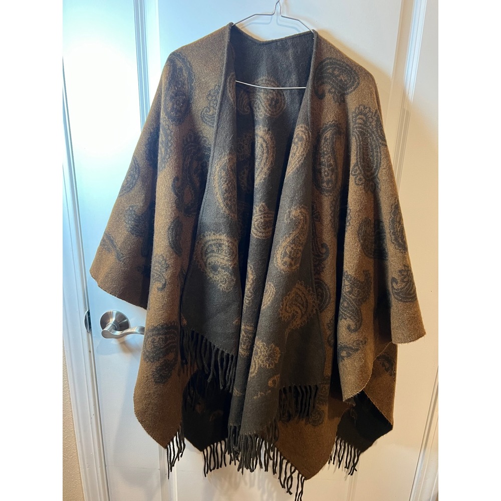 Avenue Womens Poncho Paisley Fringe Wrap Brown One Size